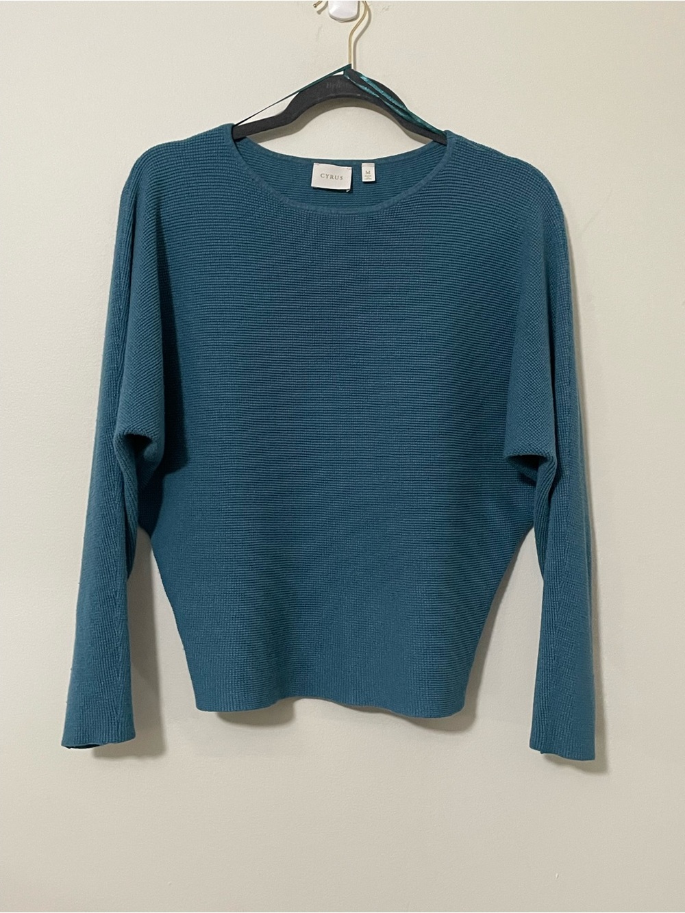 Cyrus Ribbed Dolman Batwing Knit Sweater Medium Teal Ocean Blue Slouchy Crewneck